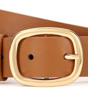 Women Leather Belt Casual Fashion Gold Buckle Waist Belt for Jeans Dresses